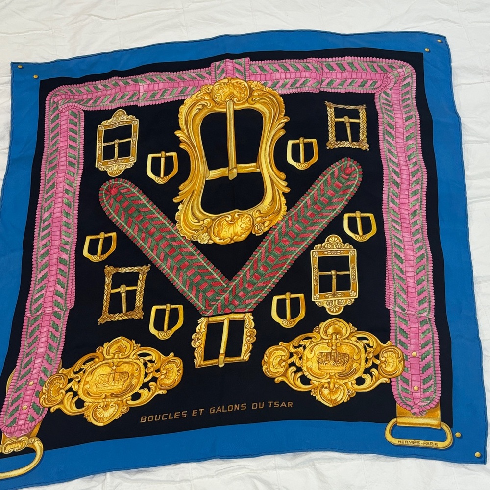 Hermes Blue and Gold Scarf